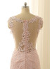 Blush Pink Lace Tulle Sheer Back Mermaid Long Prom Dress 